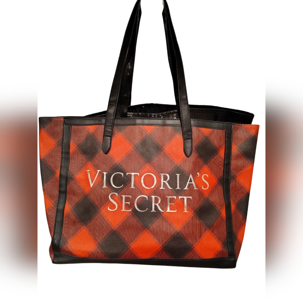 Victoria Secret vinyl tote bag red black buffalo plaid lined large checked EUC